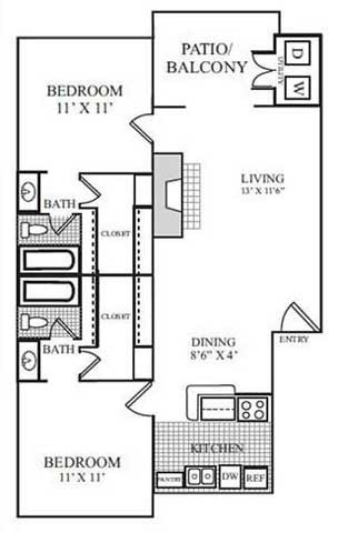 Floor plan for 2 beds, 2 baths, 950 sqft
