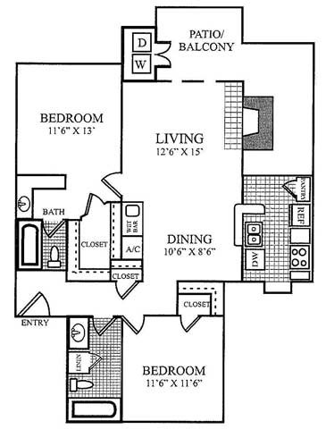 Floor plan for 2 beds, 2 baths, 1080 sqft