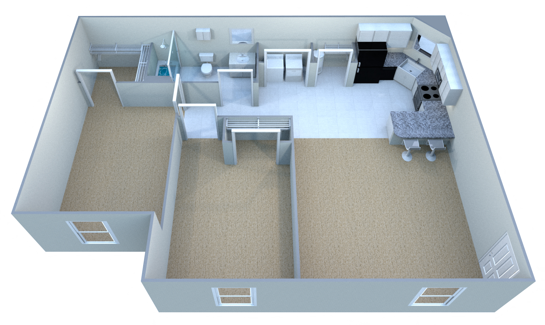 Floor plan for 2 beds, 1 bath, 870 sqft