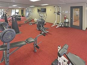 Joplin apartment for rent - a gym with various exercise equipment in a room with red carpet