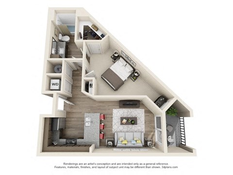 Floor plan for 1 bed, 1 bath, 657 sqft