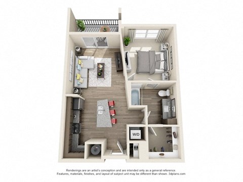 Floor plan for 1 bed, 1 bath, 717 sqft