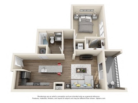 Floor plan for 1 bed, 1 bath, 722 sqft