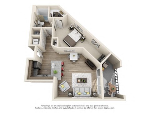 Floor plan for 1 bed, 1 bath, 734 sqft