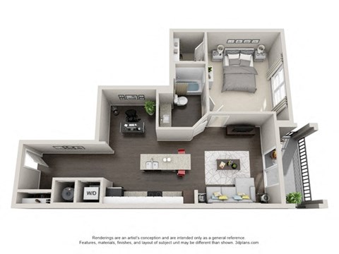 Floor plan for 1 bed, 1 bath, 849 sqft