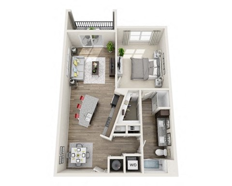 Floor plan for 1 bed, 1 bath, 887 sqft
