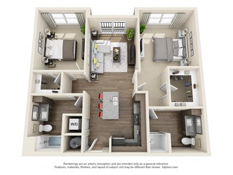 Floor plan for 2 beds, 2 baths, 1078 sqft