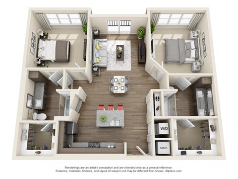Floor plan for 2 beds, 2 baths, 1218 sqft