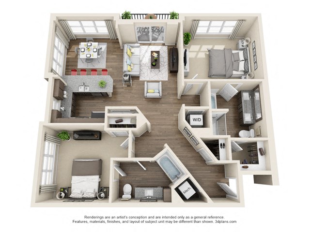 Floor plan for 2 beds, 2 baths, 1280 sqft