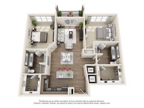 Floor plan for 2 beds, 2 baths, 1365 sqft