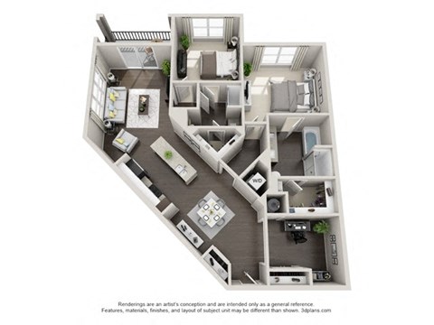 Floor plan for 2 beds, 2 baths, 1393 sqft