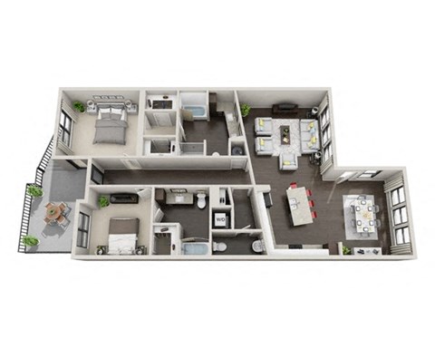Floor plan for 2 beds, 2.5 baths, 1637 sqft