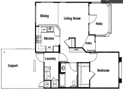 Floor plan for 1 bed, 1 bath, 725 sqft