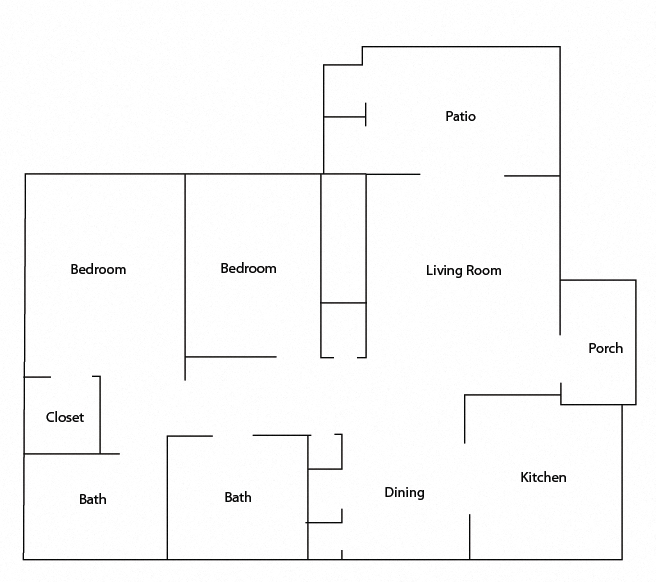 Floor plan for 2 beds, 2 baths, 947 sqft
