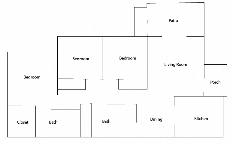 Floor plan for 3 beds, 2 baths, 1068 sqft