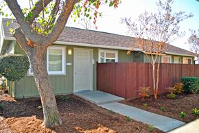 Fresno apartment for rent - front entrance to a green house with a tree and sidewalk