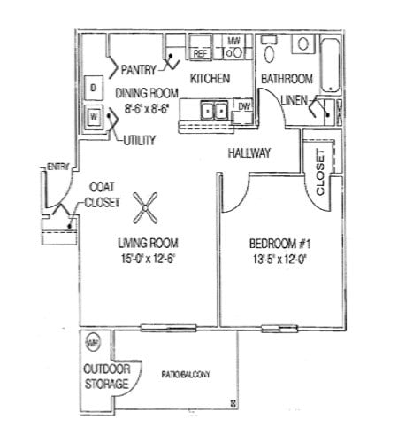 Floor plan for 1 bed, 1 bath, 828 sqft
