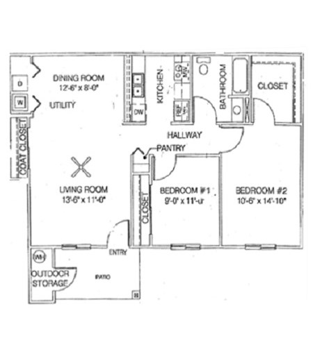 Floor plan for 2 beds, 1 bath, 881 sqft