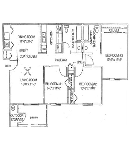Floor plan for 3 beds, 2 baths, 1028 sqft