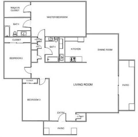 Floor plan for 3 beds, 2 baths, 1187 sqft