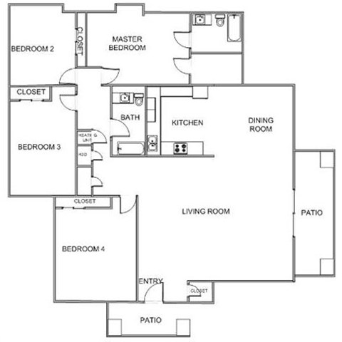 Floor plan for 4 beds, 2 baths, 1337 sqft
