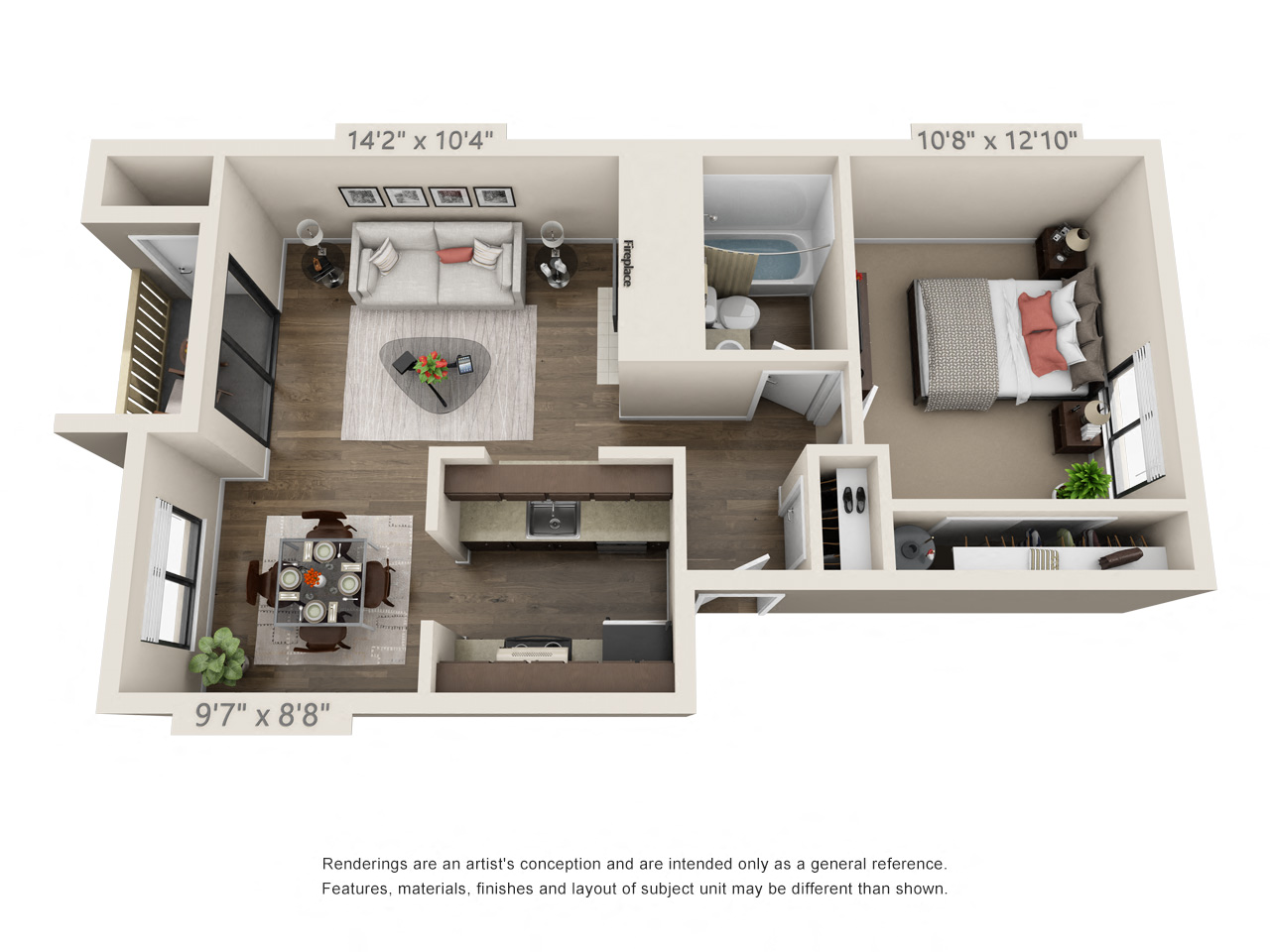 Floor plan for 1 bed, 1 bath, 625 sqft