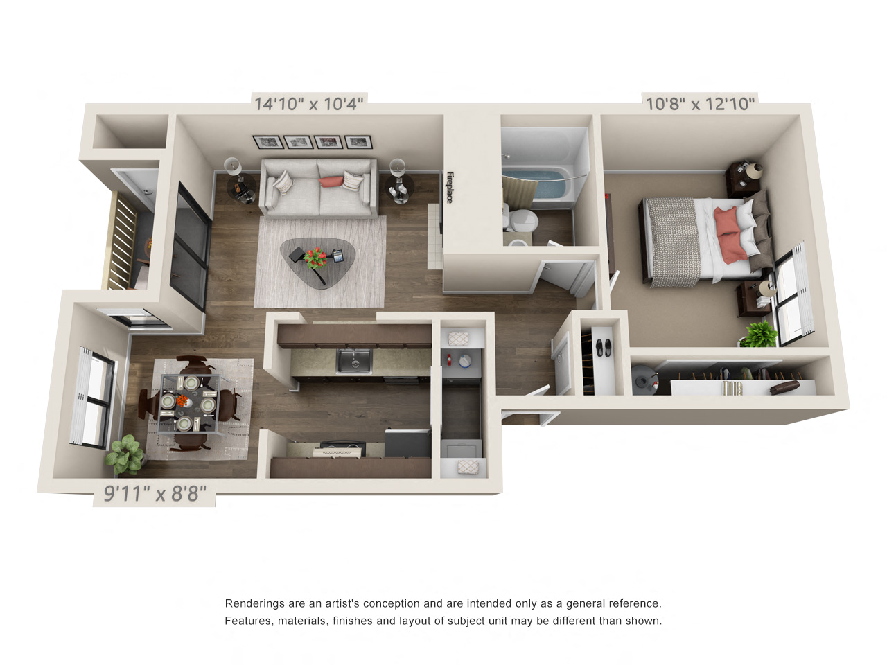 Floor plan for 1 bed, 1 bath, 646 sqft