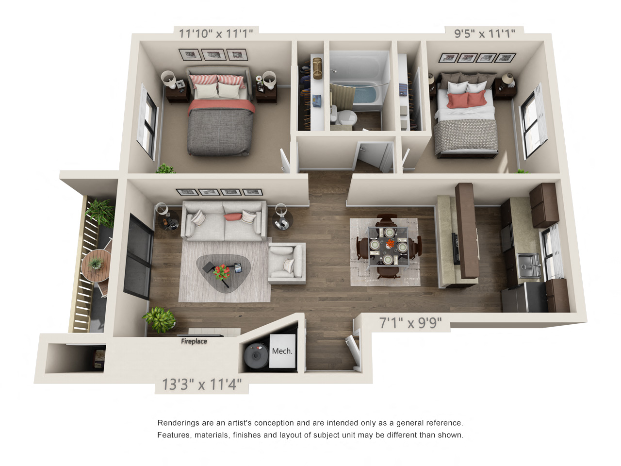 Floor plan for 2 beds, 1 bath, 800 sqft