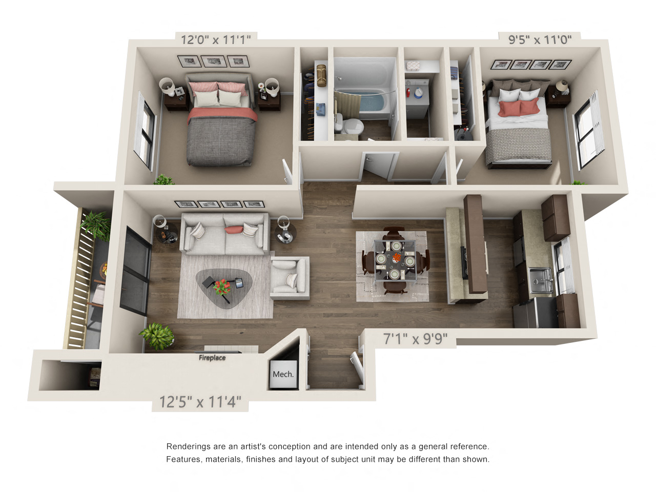 Floor plan for 2 beds, 1 bath, 846 sqft