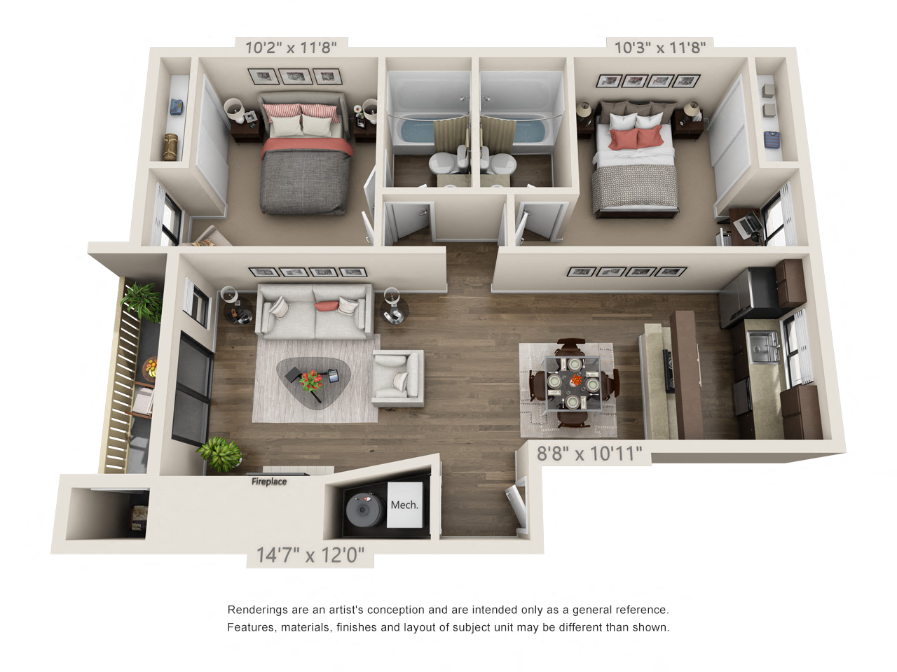 Floor plan for 2 beds, 2 baths, 916 sqft