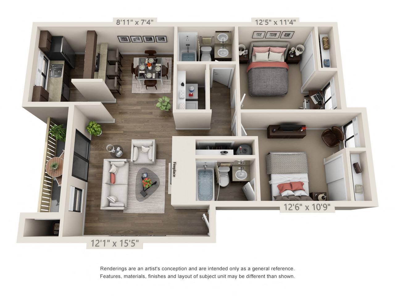 Floor plan for 2 beds, 2 baths, 946 sqft