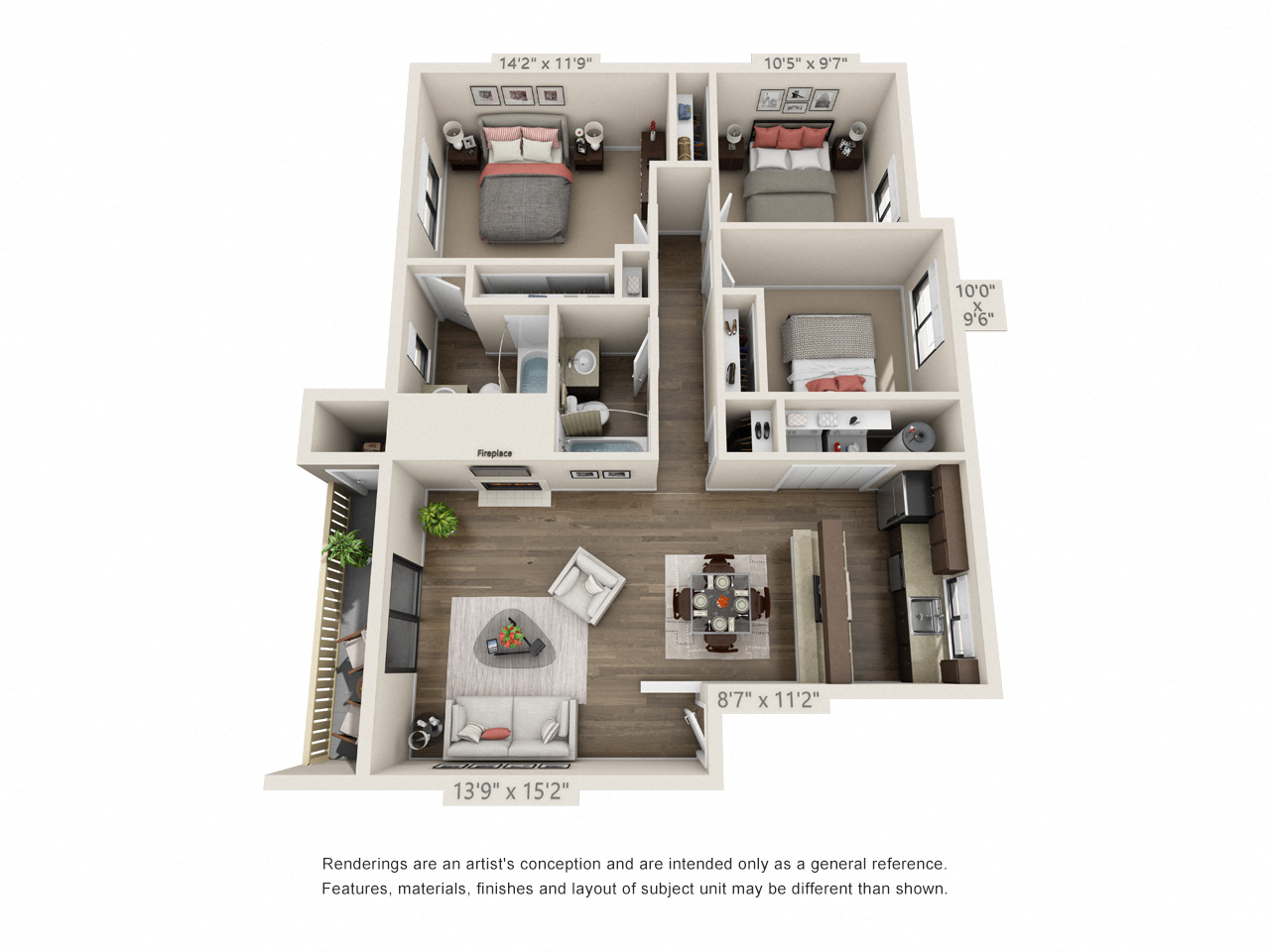 Floor plan for 3 beds, 2 baths, 1097 sqft