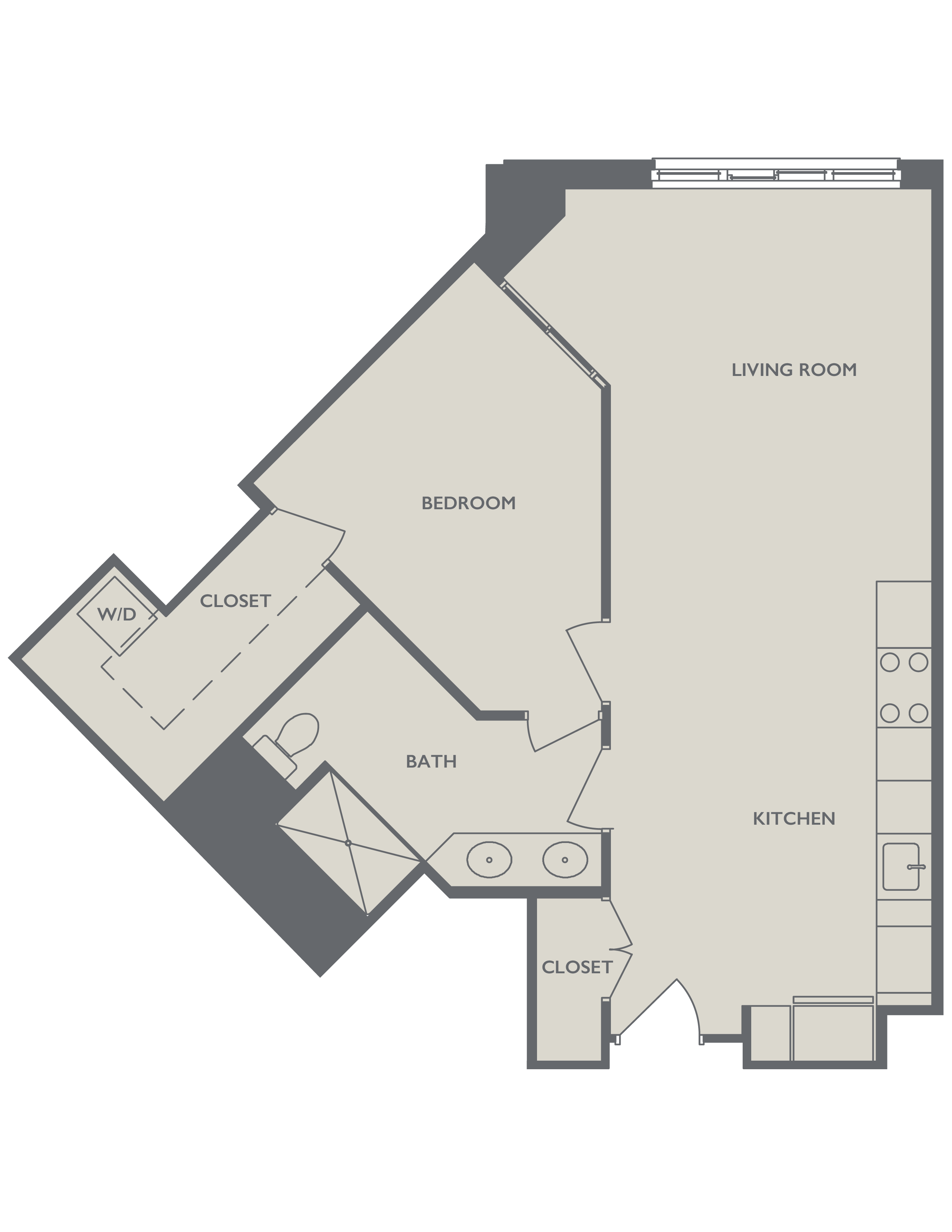 Floor plan for 1 bed, 1 bath, 900 sqft