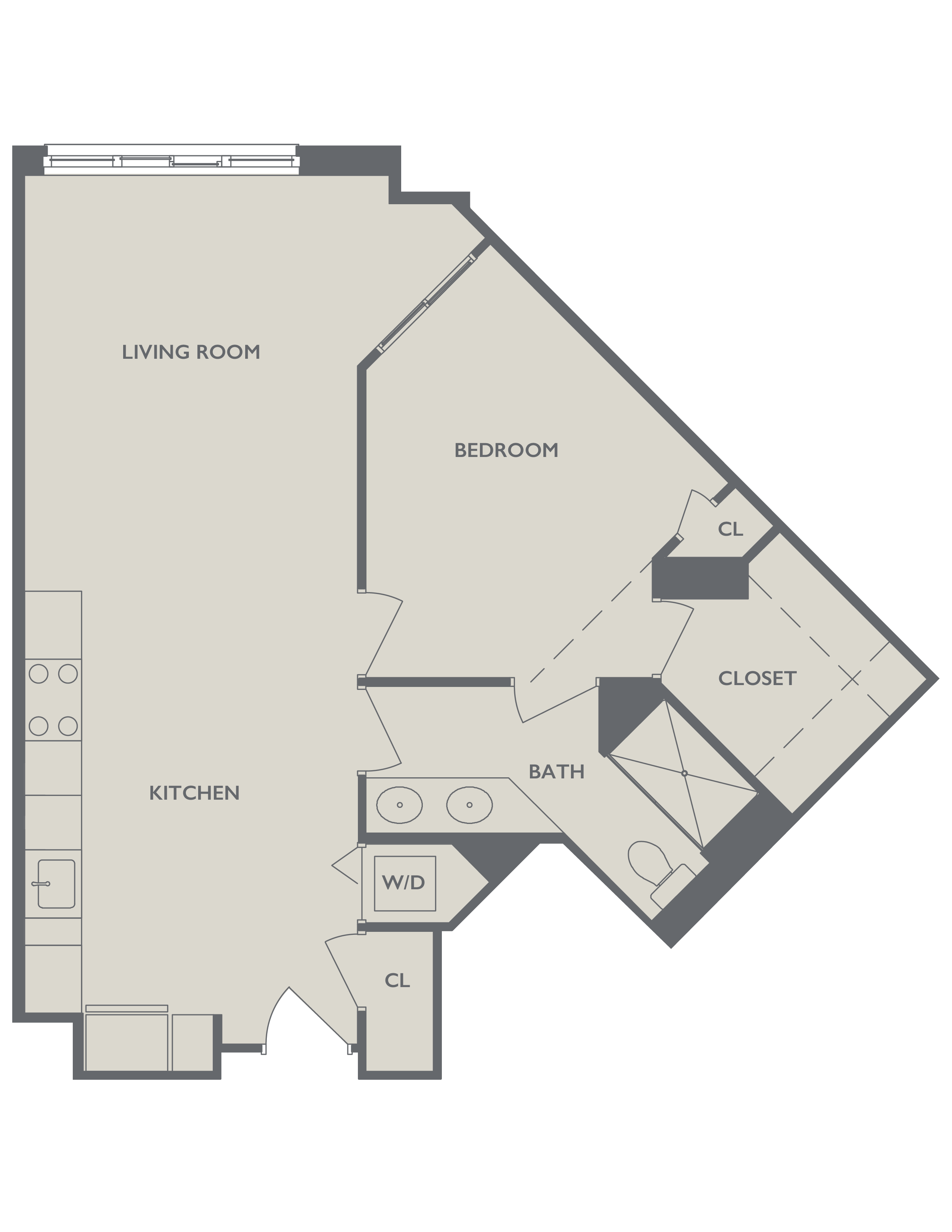 Floor plan for 1 bed, 1 bath, 900 sqft