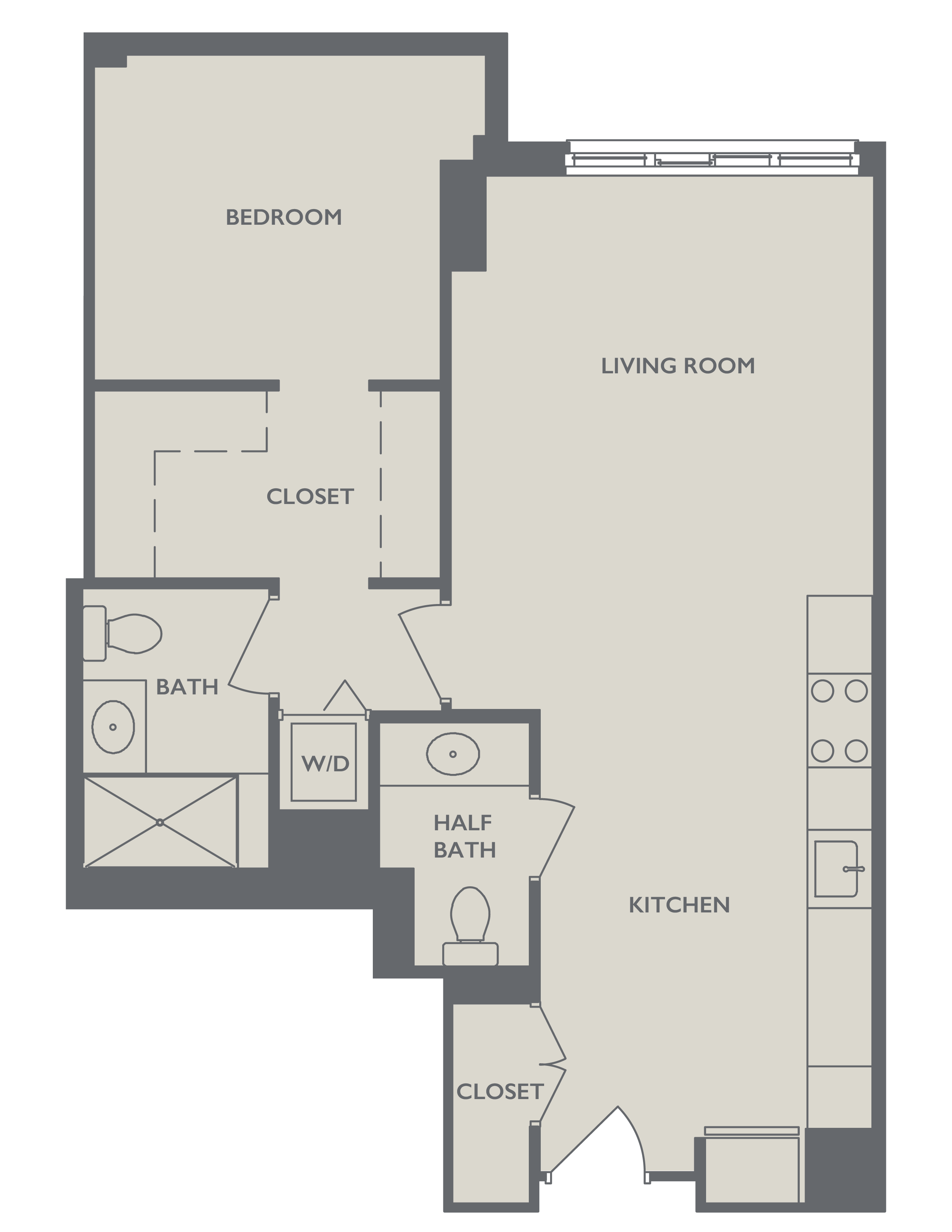 Floor plan for 1 bed, 1.5 baths, 900 sqft