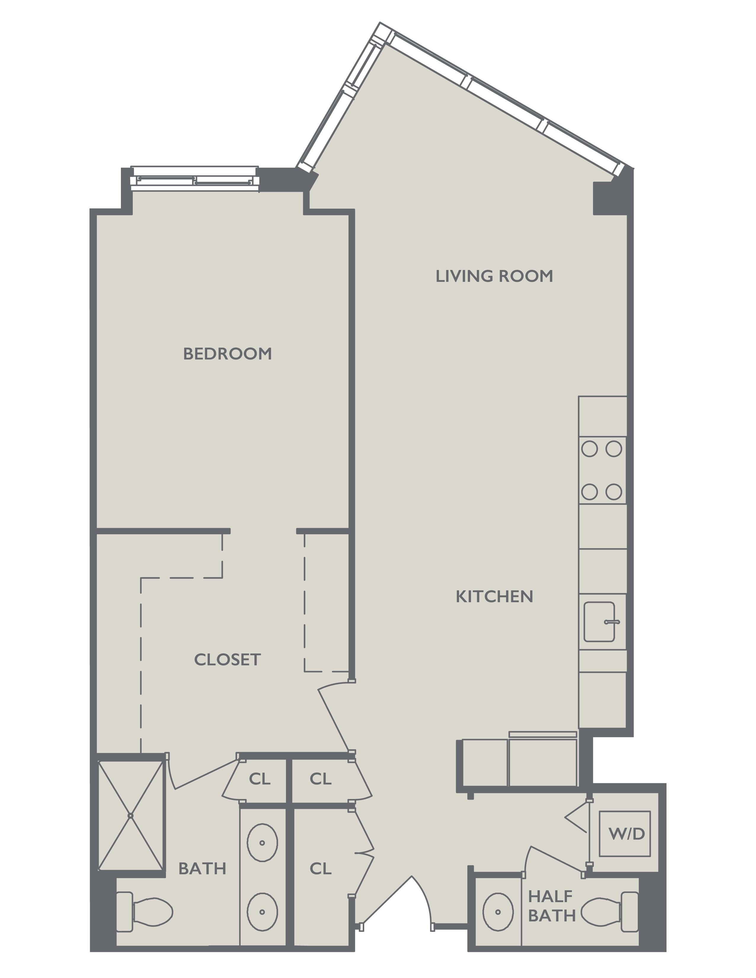 Floor plan for 1 bed, 1.5 baths, 1000 sqft