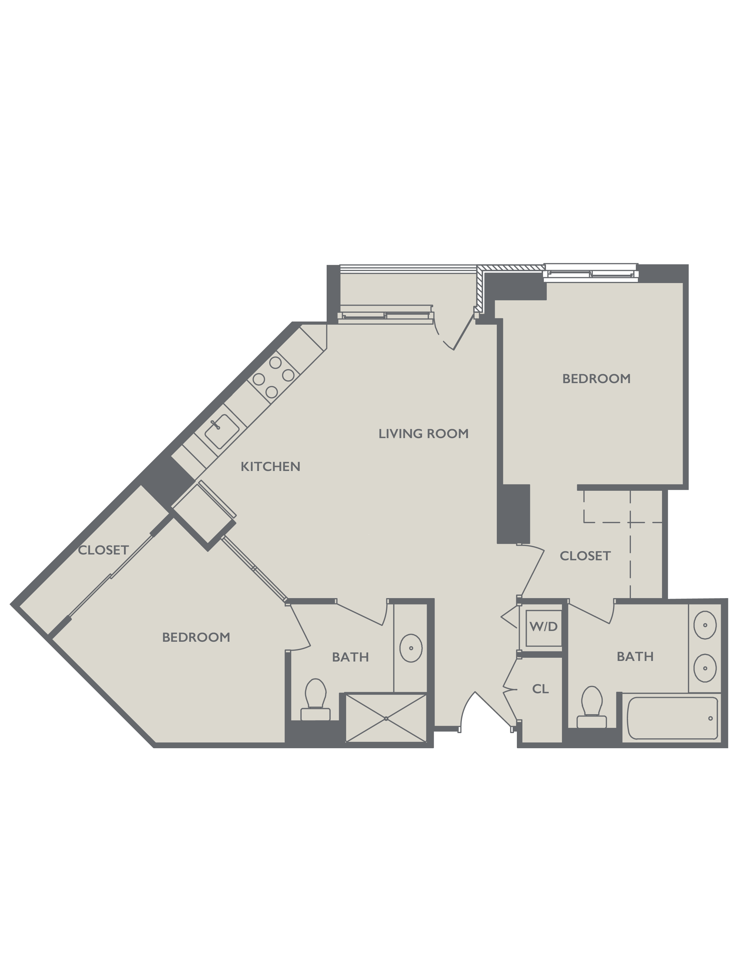 Floor plan for 2 beds, 2 baths, 1100 sqft