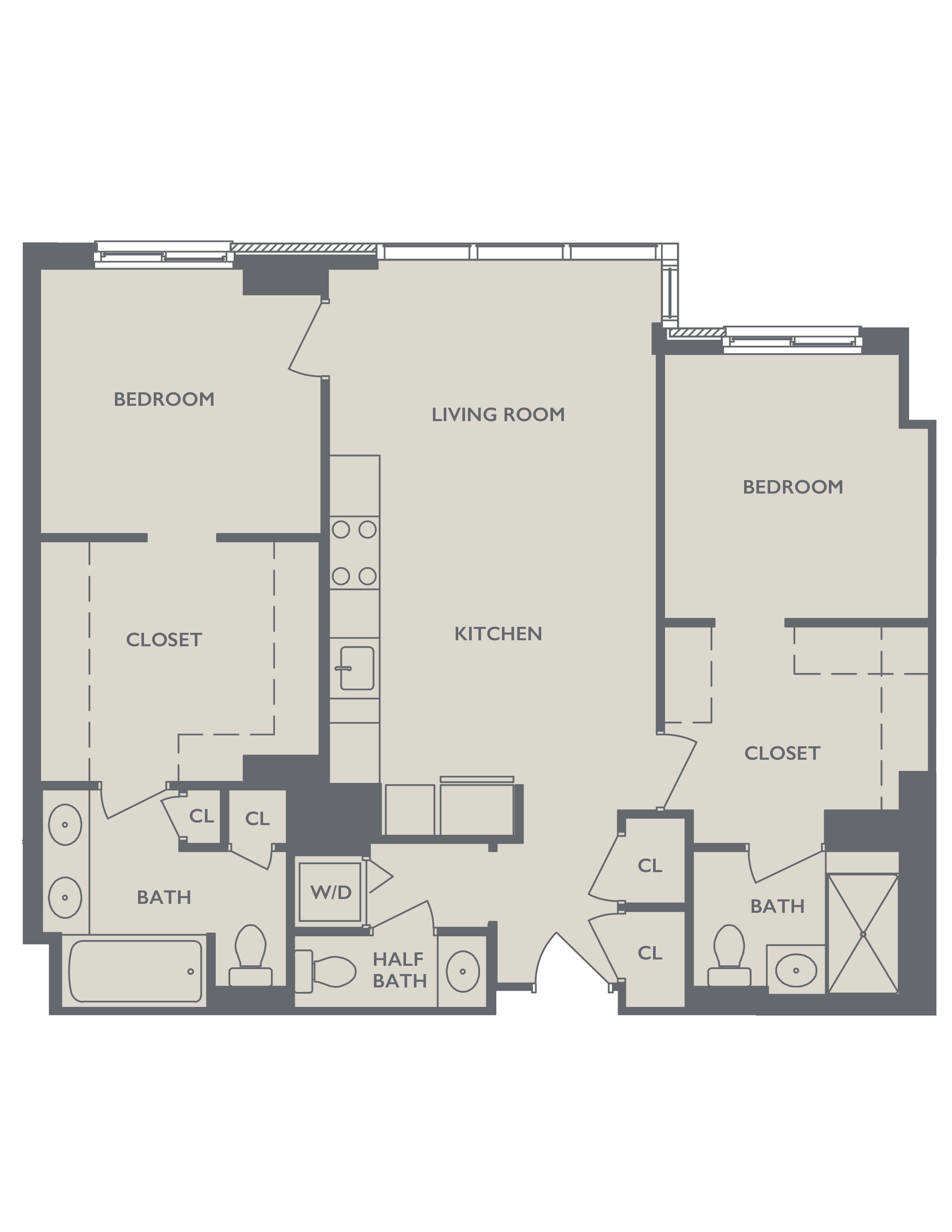 Floor plan for 2 beds, 2.5 baths, 1300 sqft