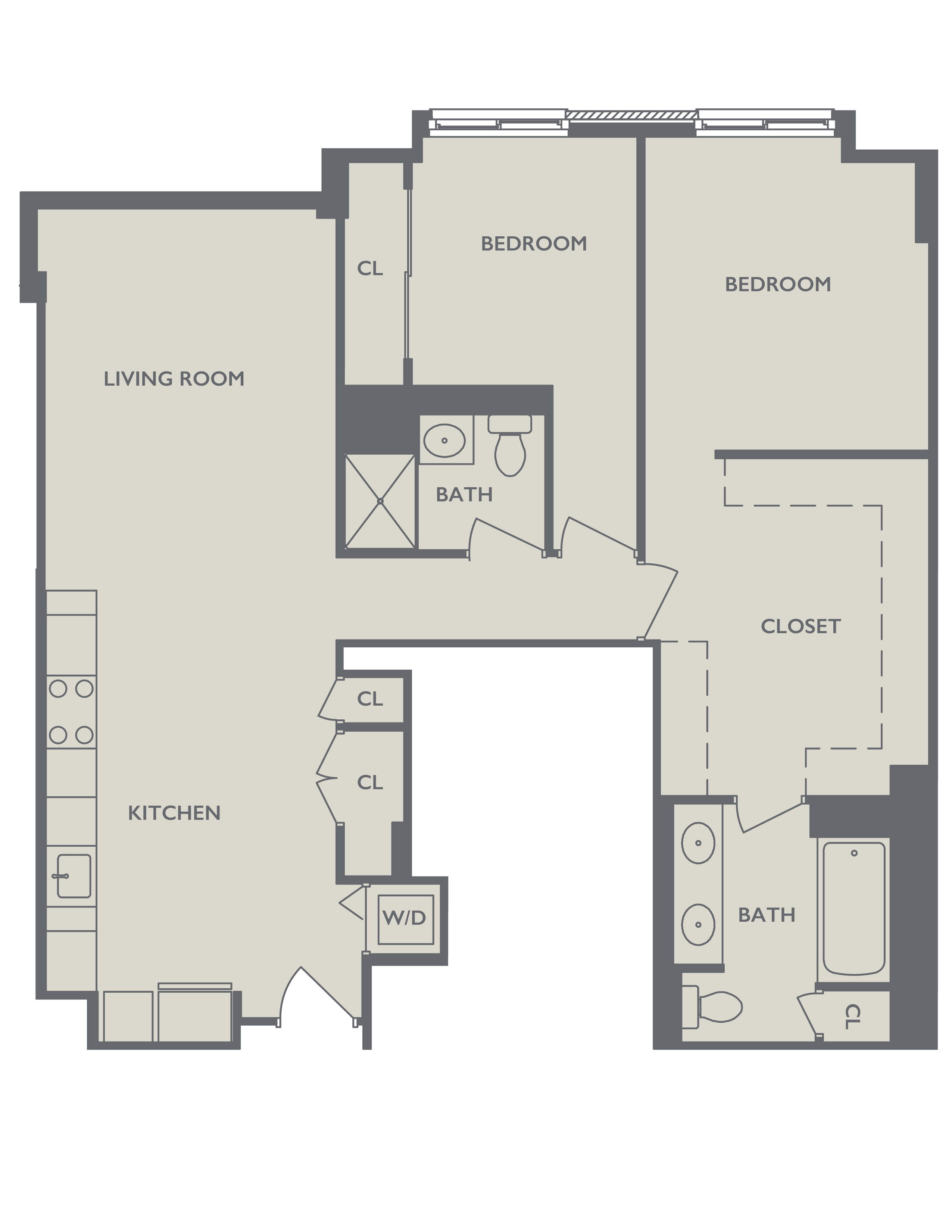 Floor plan for 2 beds, 2 baths, 1400 sqft