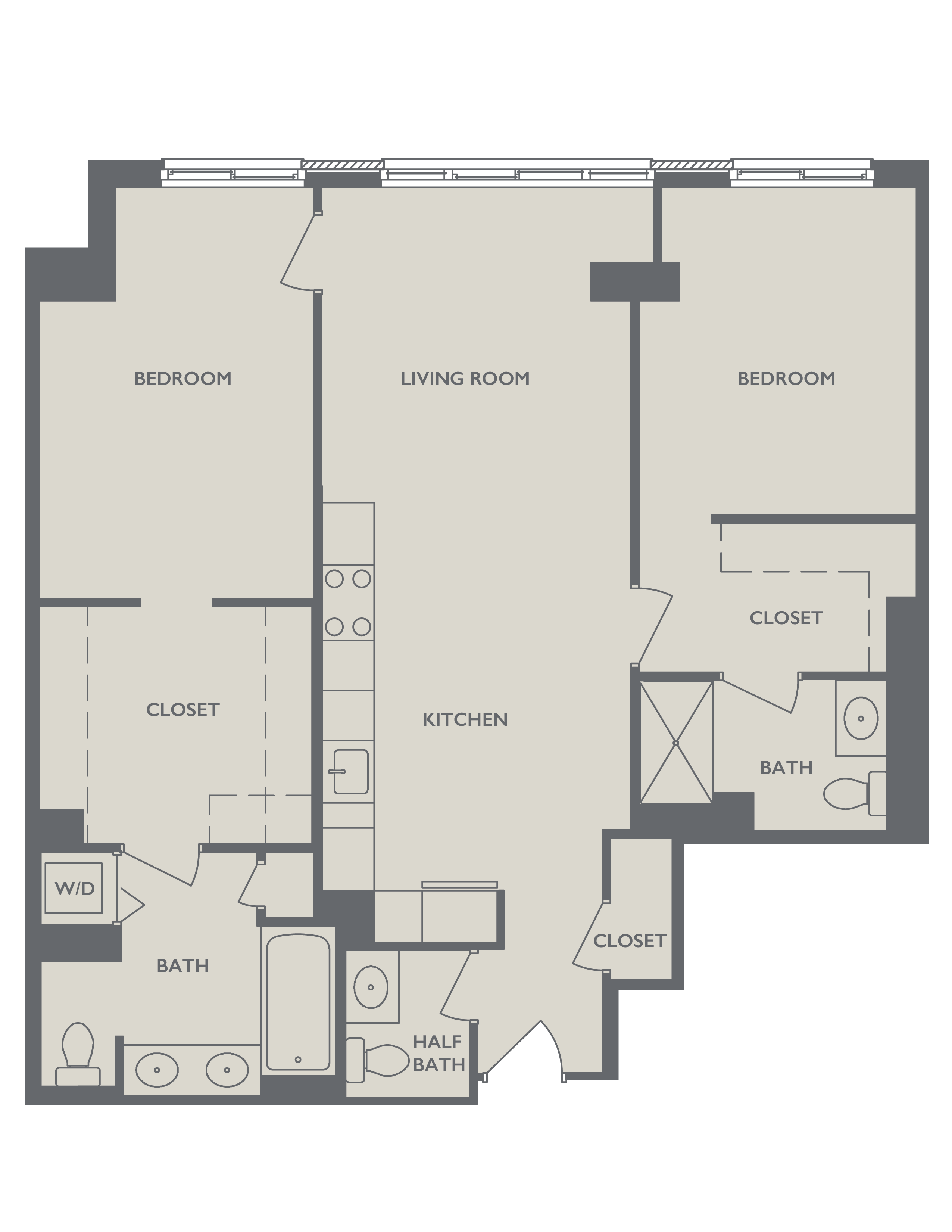 Floor plan for 2 beds, 2.5 baths, 1400 sqft