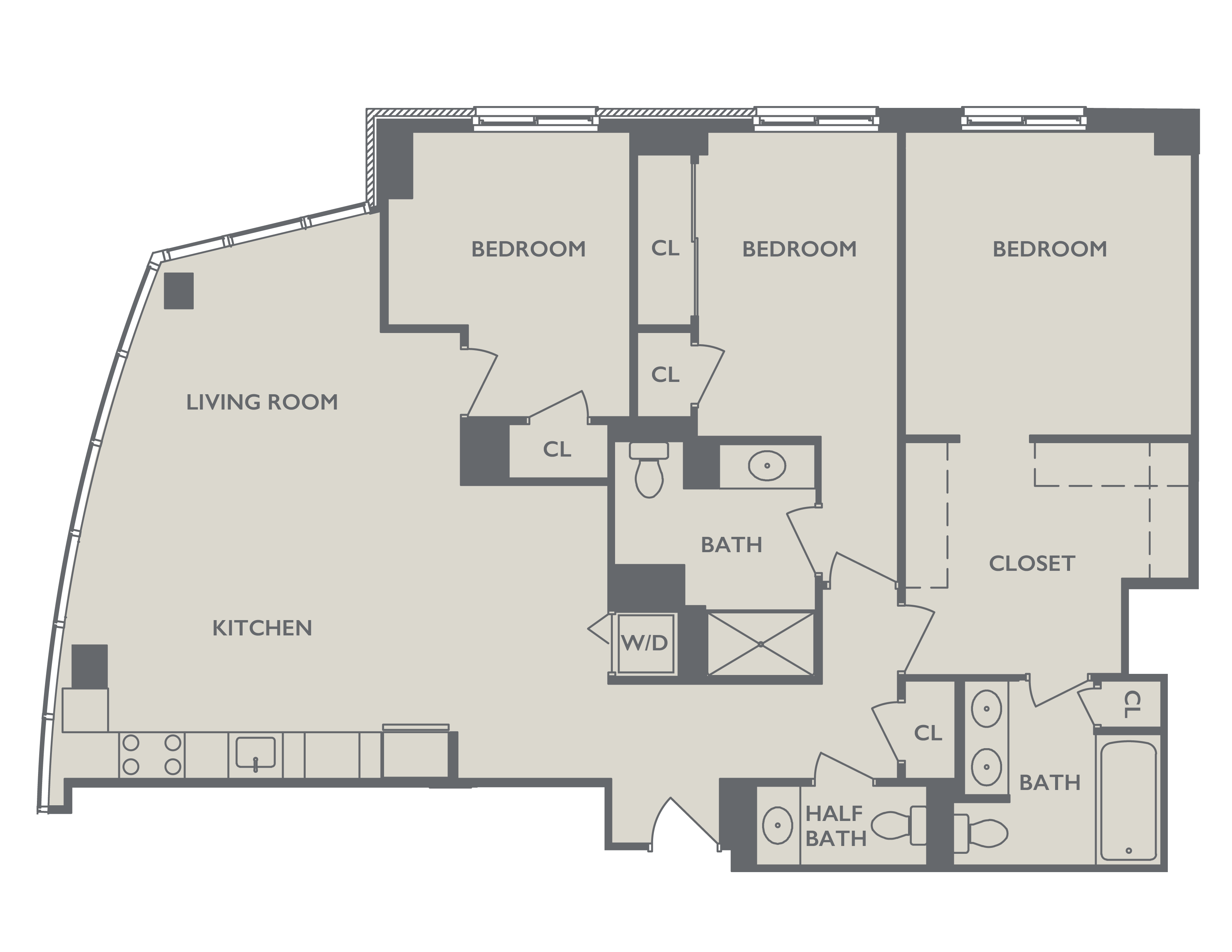 Floor plan for 3 beds, 3 baths, 1600 sqft