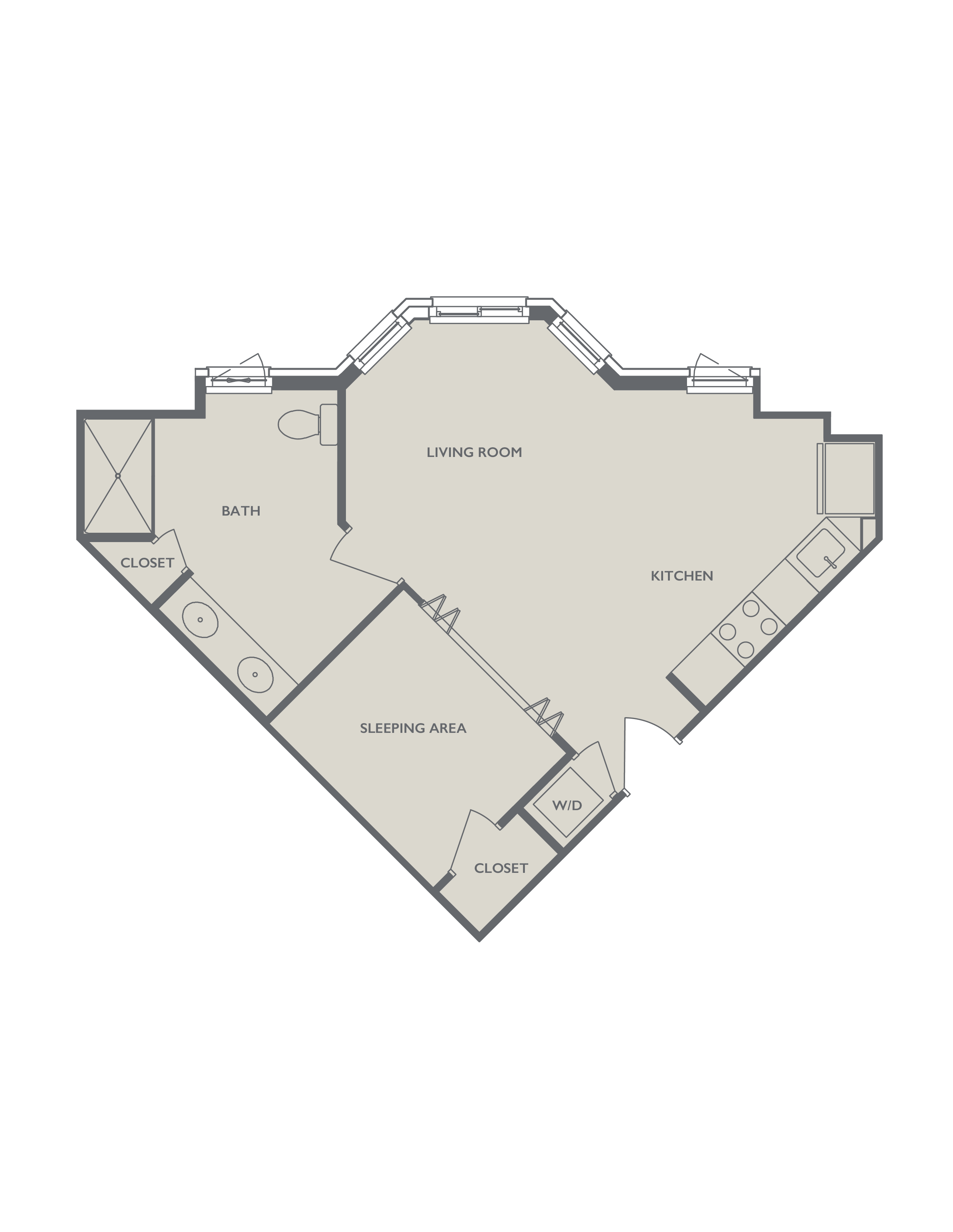 Floor plan for studio, 1 bath, 600 sqft