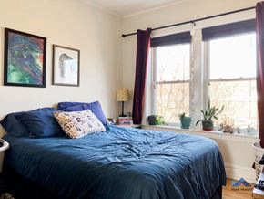 Chicago apartment for rent - a bedroom with a blue bed and two windows