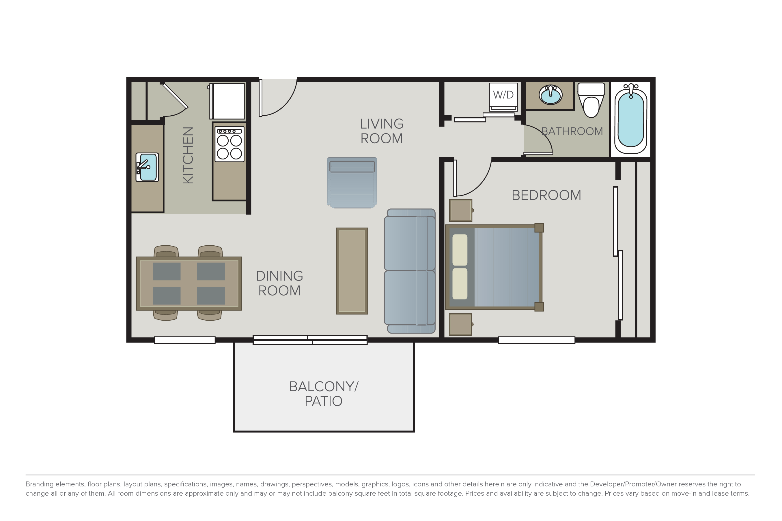 Floor plan for 1 bed, 1 bath, 690 sqft