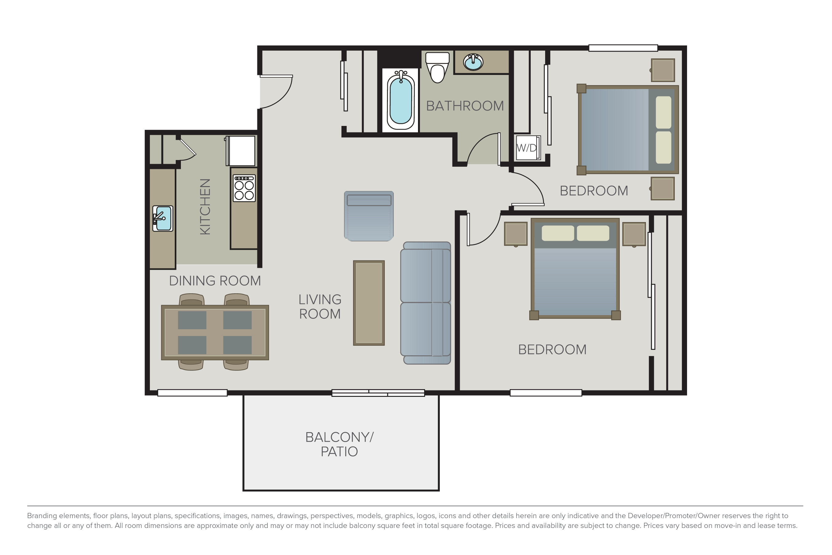 Floor plan for 2 beds, 1 bath, 865 sqft