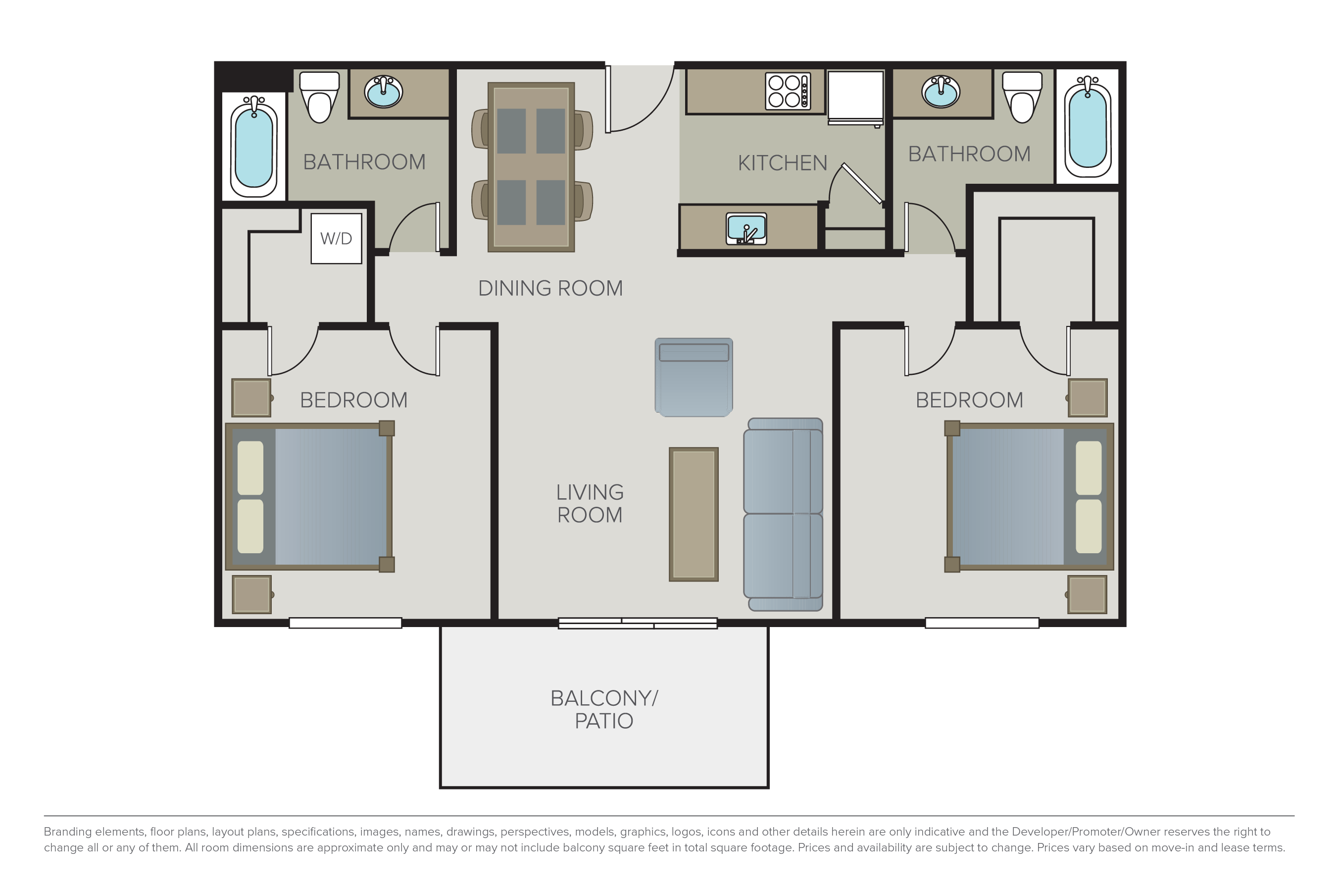 Floor plan for 2 beds, 2 baths, 890 sqft