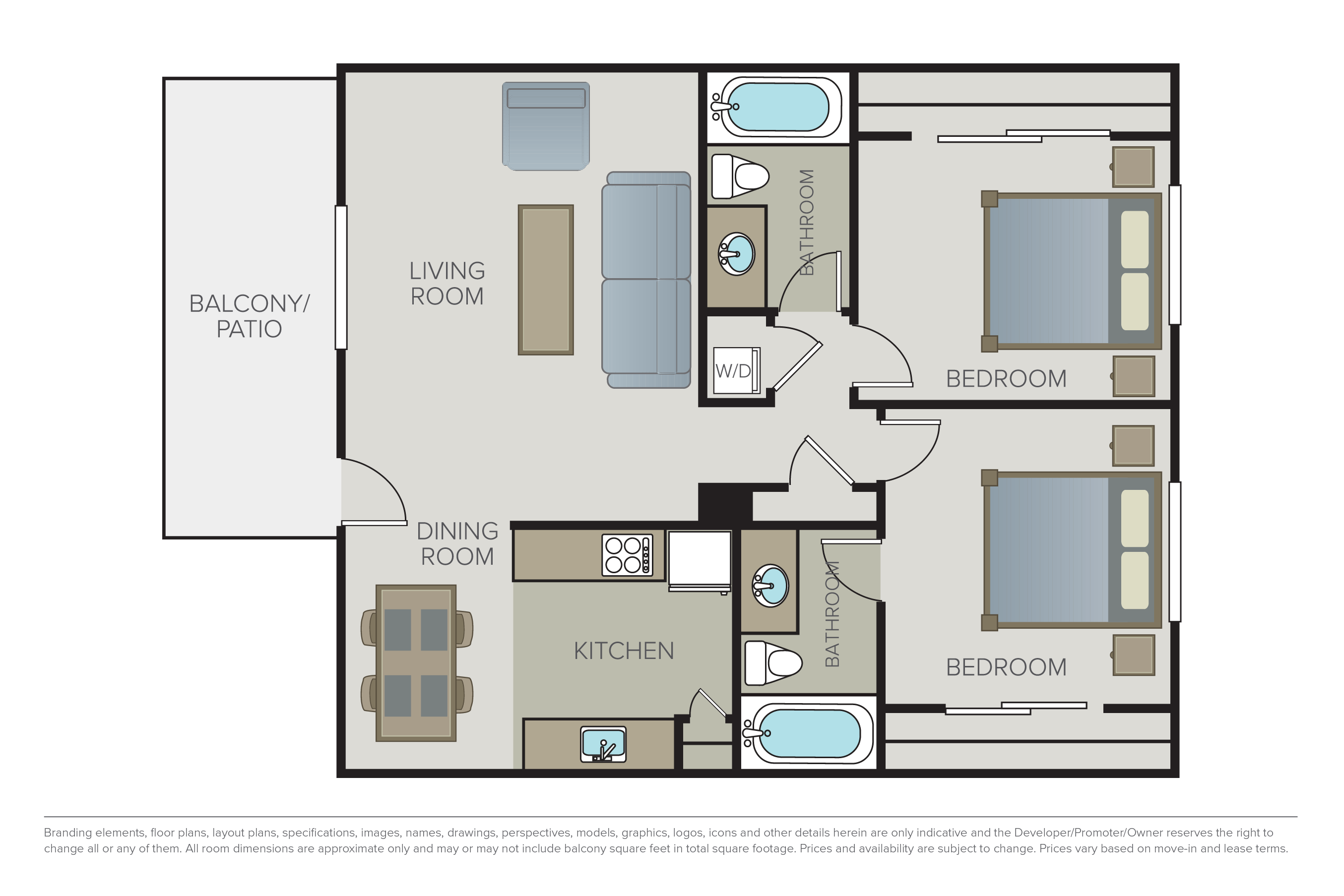 Floor plan for 2 beds, 2 baths, 907 sqft