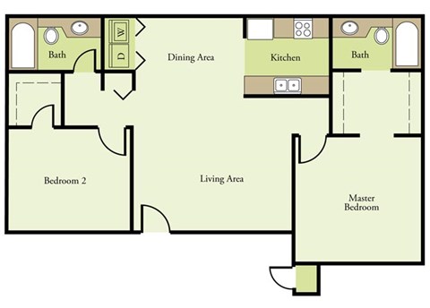 Floor plan for 2 beds, 2 baths, 1100 sqft