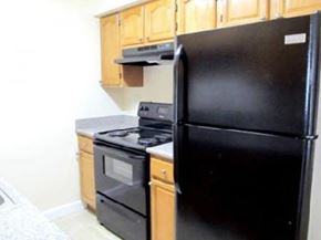 Orlando apartment for rent - a kitchen with a black refrigerator and stove