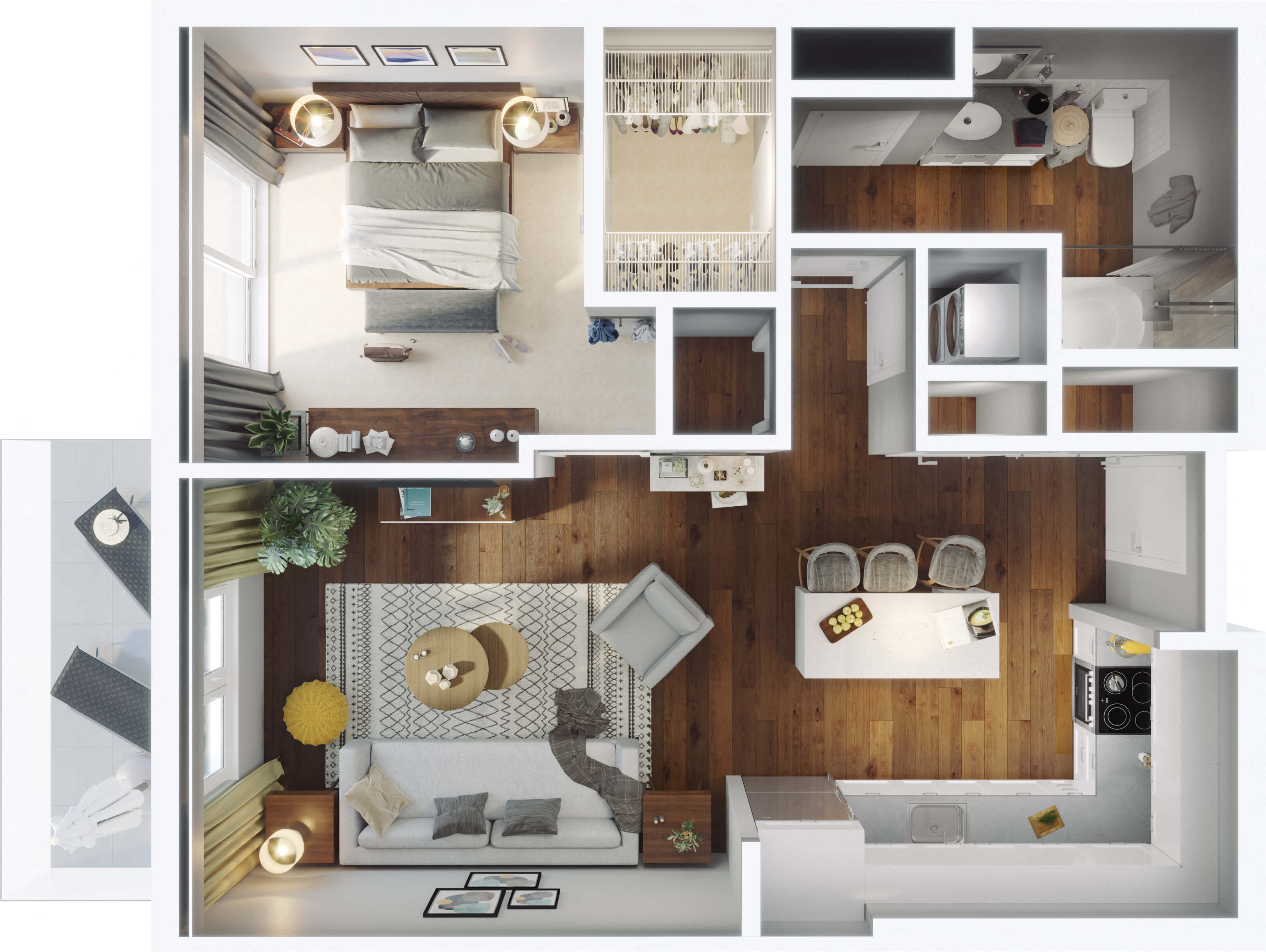Floor plan for 1 bed, 1 bath, 745 sqft